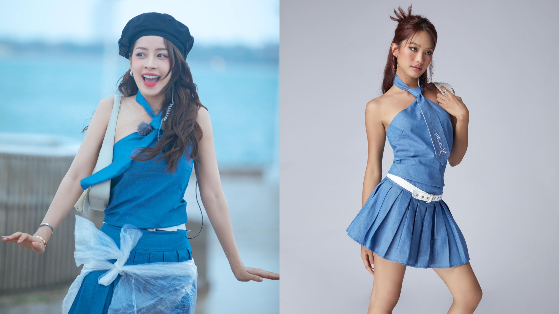 Set yếm và chân váy xếp ly kết hợp với cà vạt cá tính đến từ thương hiệu Chan Closet có giá 720.000 đồng. 