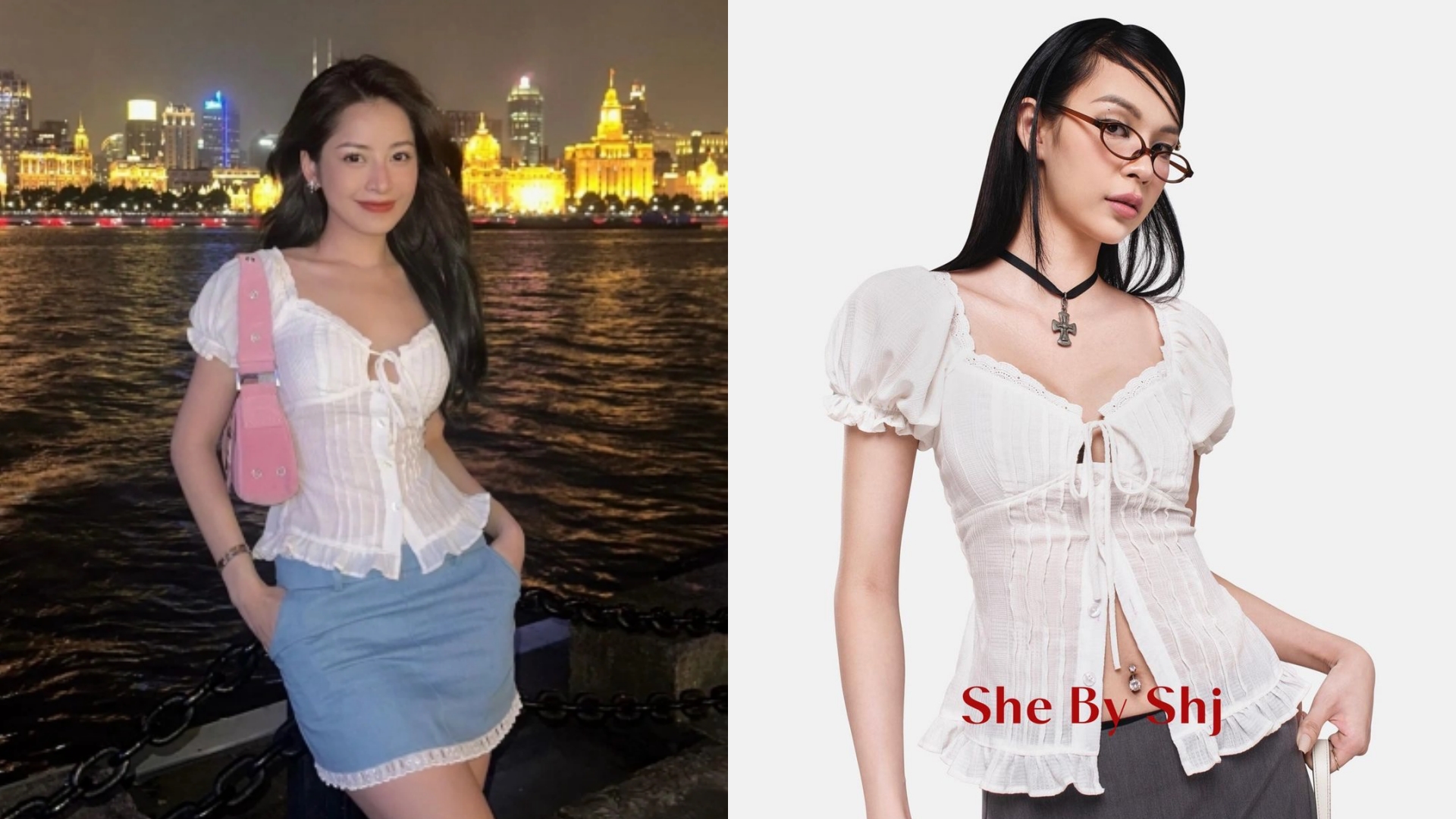 Áo blouse trắng ôm sát làm tôn lên vóc dáng mảnh mai, sexy của Chi Pu có giá khoảng 410.000 đồng. Đây là sản phẩm của brand She By SHJ. 